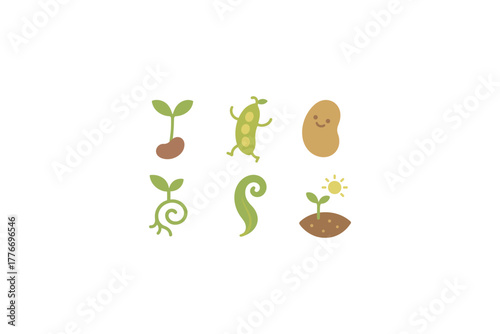 Cute plant icons featuring green sprouts and vegetables in flat style