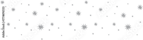 Silver star border pattern with scattered metallic stars on white background. Elegant festive decoration ideal for winter, holiday, or New Year themes. Perfect for invitations, greeting cards, and dig