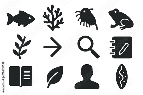 Aquatic Ecology Icons. Solid style icons of aquatic ecology and lake organisms: fish, algae, plankton, frog, water plant, arrow,