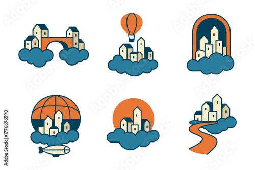 Whimsical cityscapes in clouds with retro airships and hot air balloons