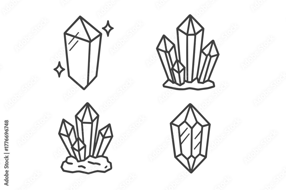 Fototapeta premium Crystal Formation Icons. Line style icons of Crystal Formation: Refracted Light, Geometric Shape, Prism, Cluster, Mineral Specimen