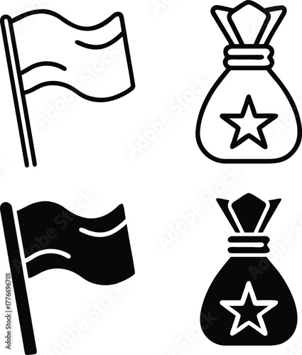 Flag and Reward Bag Icons – Achievement, Goal, and Success Outline Symbols or Vector Silhouette. .eps
