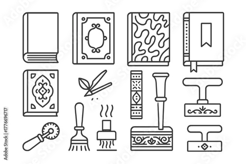 Decorative Bookbinding Elements. Line style icons of decorative bookbinding: gilded edge, embossed cover, marbled paper, ribbon