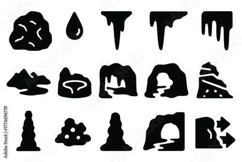 Cave Formation Icons. Solid style icons of cave formation processes: limestone rock, dripping water, stalactite, stalagmite,