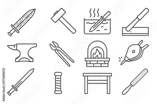 Swordsmith Tools Icons. Line style icons of Swordsmithing: Pattern-Welded Steel, Hammer, Quench, Sharpening Stone; Anvil, Tongs,