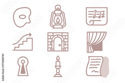 Theatrical Mystery Icons. Line style icons of theatrical mystery: phantom mask, lantern, music score, pipe organ; dusty rose,