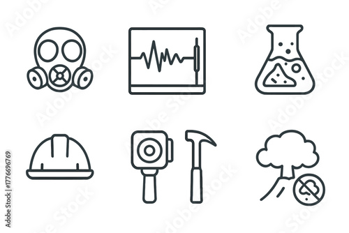 Volcanic Monitoring Icons. Line style icons of Volcanic Monitoring: Gas Mask, Seismograph, Observation Post, Lava Sample, Safety
