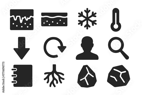 Permafrost Process Icons. Solid style icons of permafrost and cold region processes: frozen ground, ice layer, soil, snowflake,