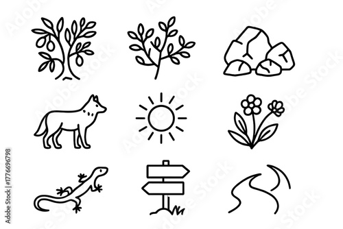 Mediterranean Chaparral Icons. Line style icons of Mediterranean Chaparral: Olive Tree, Manzanita, Rocky Terrain, Coyote, Sun,