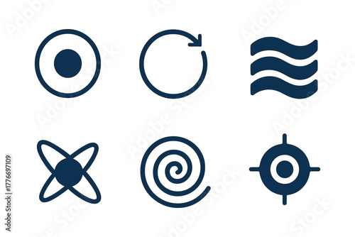 Minimalist symbol set in dark blue: circular, geometric, wave, spiral, target, and swirl icons