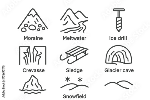Glacier Elements Icons. Line style icons of Glacier: Moraine, Meltwater, Ice Core Drill, Crevasse, Sledge, Glacier Cave, Iceberg,