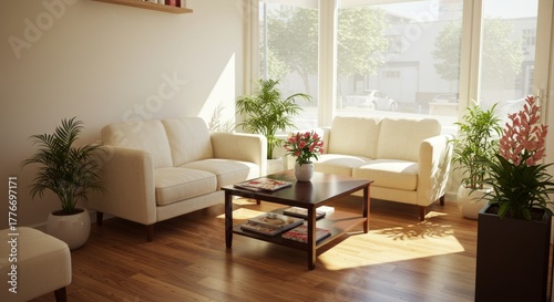 Cozy Living Room with Cream Sofas, Potted Plants, and Natural Sunlight