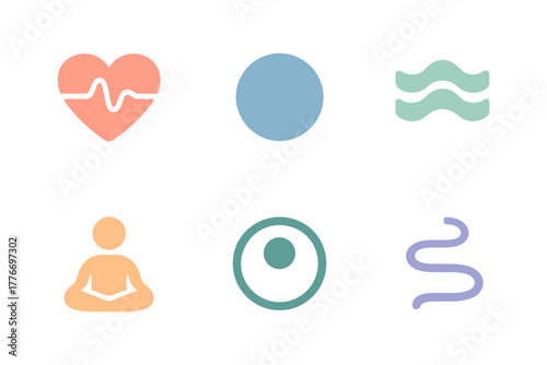 Minimalist wellness icons: heartbeat, yoga, and balance symbols