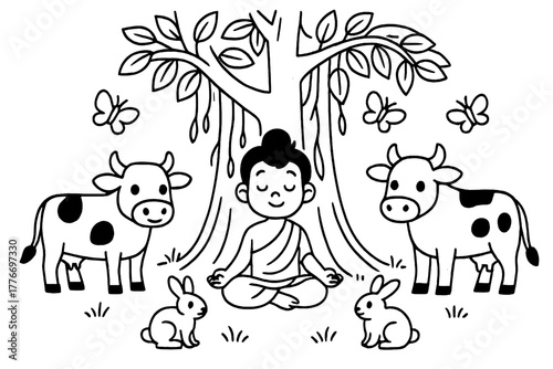 Yogi Under Banyan Tree. Curious yogi meditating under a banyan tree with cows, rabbits, and butterflies nearby, black and white