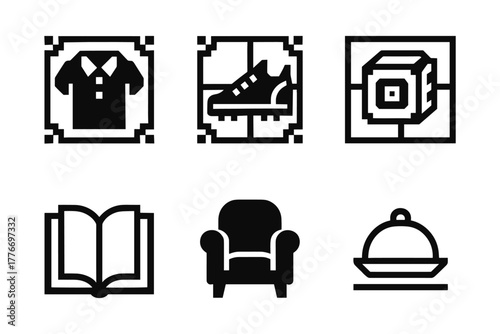 Modern icon collection featuring fashion, sports, technology, education, furniture, and culinary elements