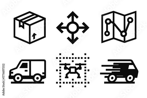Minimalist logistics icons: parcel, direction, map, van, drone, fast delivery