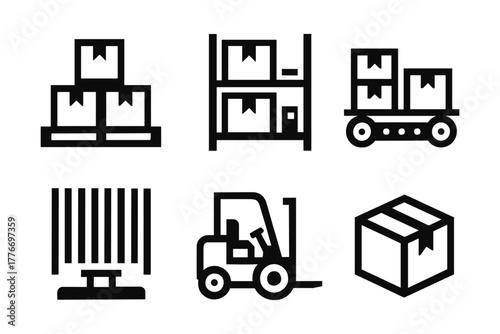 Warehouse icons: forklift, pallets, storage, and barcode in linear design
