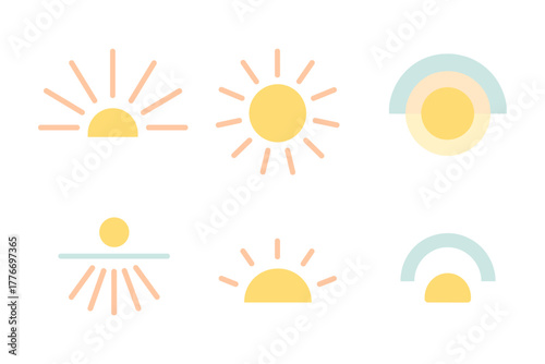 Minimalist sunrise and sunburst icon set in pastel colors