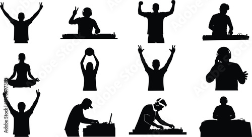 Silhouette vector illustration of DJs and people celebrating with music, headphones, dance, meditation, peace signs, entertainment, lifestyle, culture, and creativity