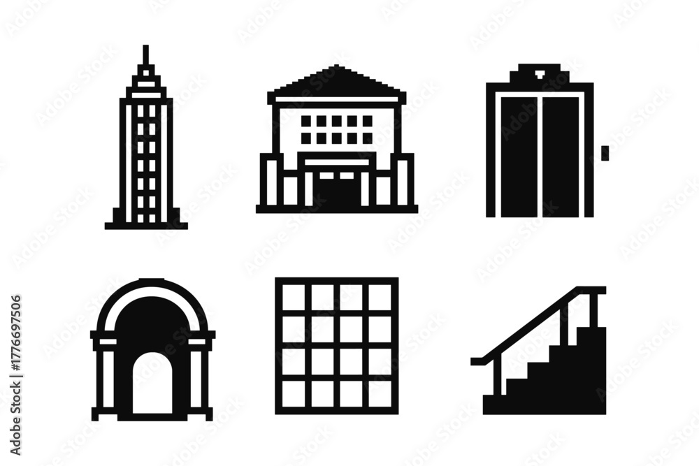Obraz premium Minimalist building icons: urban architecture in black and white