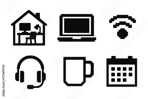 Remote work essentials: home office icons featuring laptop, calendar, and wi-fi