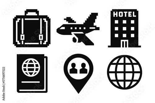 Pixel icons of travel essentials: suitcase, airplane, hotel, passport, location, globe