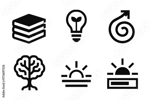 Minimalist icons of growth, innovation, and nature in bold black and white style