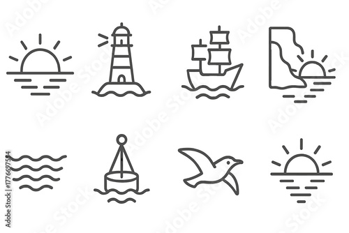 Sunset Strait Icons. Line style icons of Sunset Strait: Golden Water, Silhouette Lighthouse, Sailing Ship, Cliff Shadows, Waves,