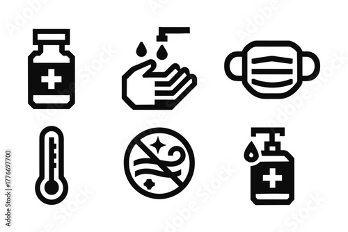 Essential line icons: healthcare and hygiene safety symbols