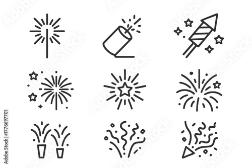 Festive Fireworks Icons. Line style icons of Fireworks Display: Sparkler, Launch Tube, Firework Rocket, Night Sky, Star Burst,