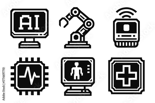 Futuristic technology icons: artificial intelligence and robotics in bold monochrome style