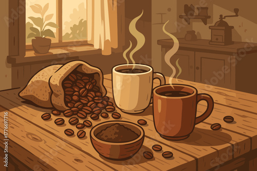 Cozy Coffee Morning. Rustic kitchen table filled with vector illustration freshly ground coffee beans and steaming mugs, soft