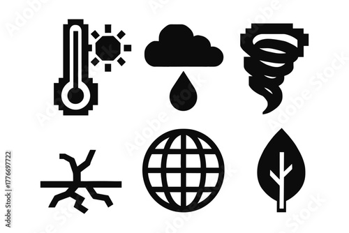 Climate change icons: weather, tornado, drought, leaf, globe, cloud symbols