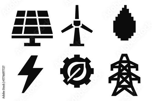 Renewable energy icons: solar, wind, water, electricity, eco-friendly, power transmission