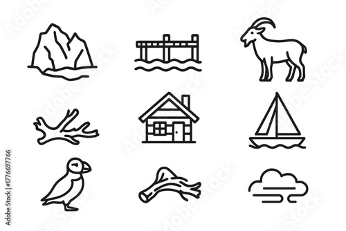 Nordic Fjord Icons. Line style icons of Nordic Fjord: Glacier, Wooden Pier, Mountain Goat, Cabin, Sailing Boat, Driftwood, Puffin,