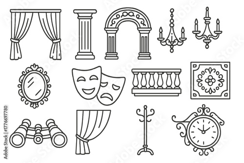 Classic Theater Icons. Line style icons of classic theater decor: velvet curtain, marble column, ornate arch, chandelier; gilded