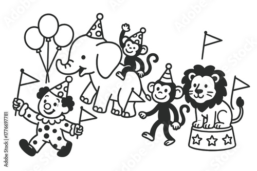Circus Animal Parade. Cheerful parade of circus animals—elephants, monkeys, and lions—with balloons, flags, and clowns leading,