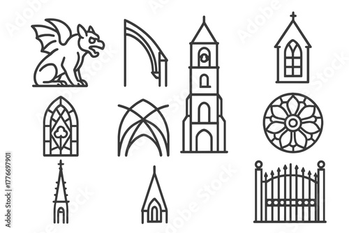 Gothic Architectural Icons. Line style icons of Gothic Masterpiece: Gargoyle, Flying Buttress, Bell Tower, Stained Glass, Vaulted