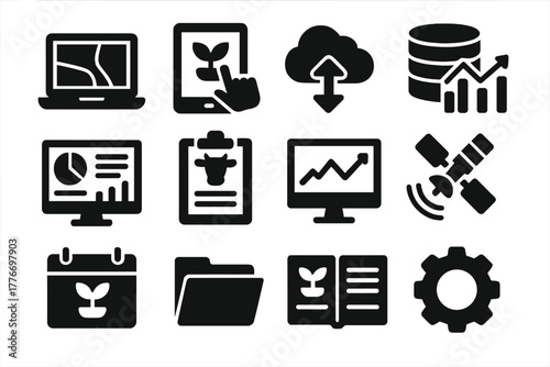 Farm Data Icon Set. Solid style icons of farm data management: laptop with field map, tablet app, cloud storage, database chart,