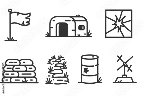 Forgotten Outpost Icons. Line style icons of Forgotten Outpost: Windswept Flag, Old Bunker, Cracked Window, Radio Tower, Sandbag