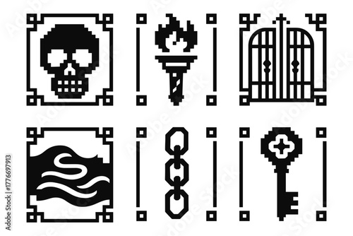 Pixel art gothic icons: skull, torch, gate, waves, chains, key