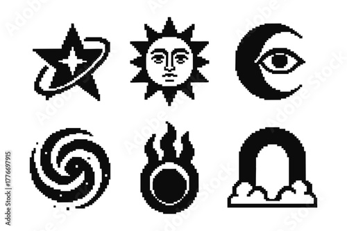 Retro black white pixel art icons: cosmic star, sun, moon, spiral, fiery orb