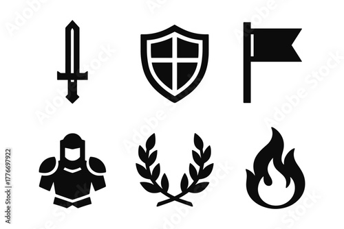 Medieval silhouette icons: sword, shield, knight, flag, laurel, flame