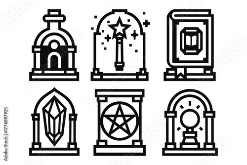 Magical icon set featuring wand, pentagram, and crystal symbols in linear design