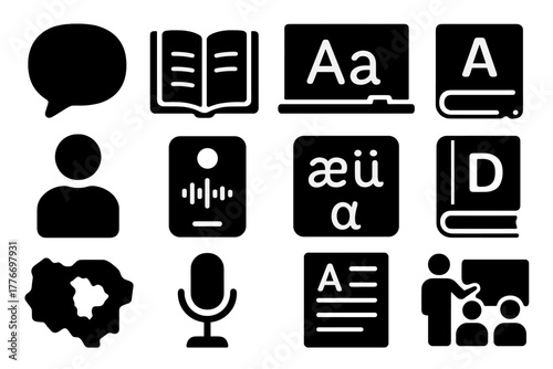 Language Revival Icons. Solid style icons of Language revival: speech bubble, teaching book, chalkboard, pen, student figure,