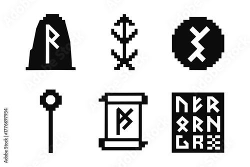 Retro pixel art viking runes and symbols set with norse motifs