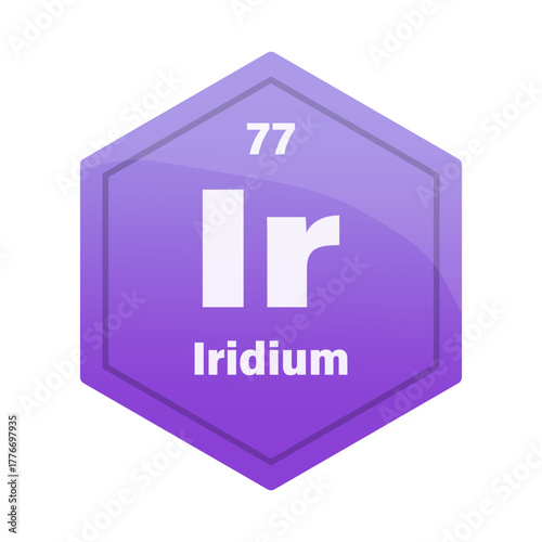 Iridium chemical element tile. Atomic number 77. Ir chemical sign. Deep purple Vector hexagon.