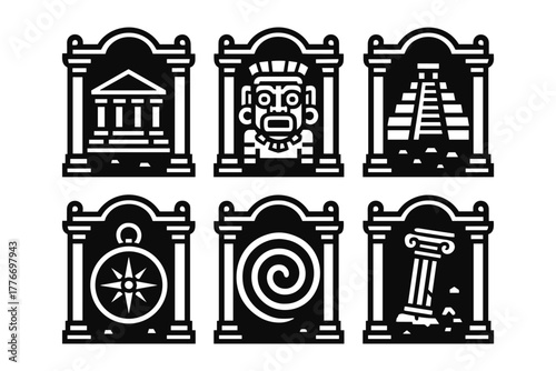 Ancient civilization symbols in black and white icons collection
