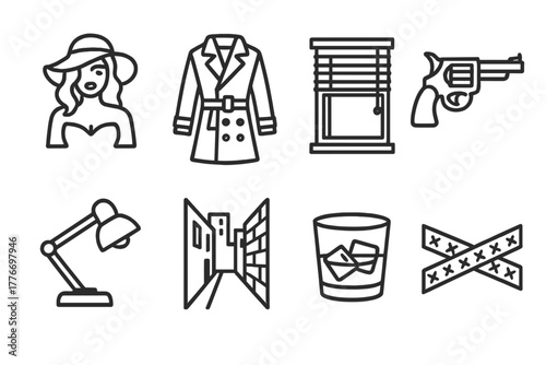 Film Noir Icons. Line style icons of Film Noir: Femme Fatale, Trench Coat, Venetian Blinds, Revolver, Desk Lamp, Alleyway, Glass