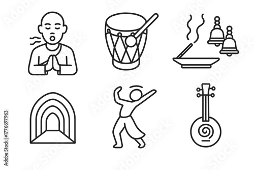 Ritual Music Icons. Line style icons of Ritual and Sacred Music: chanting figure, ceremonial drum, incense and bells, sacred space
